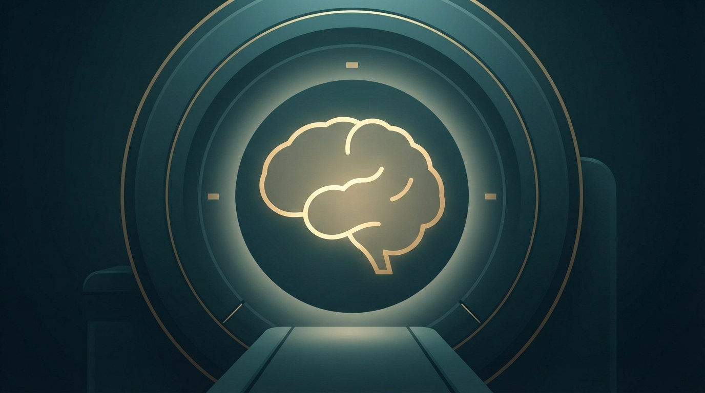 Stylised MRI scanner illustration with a highlighted brain outline