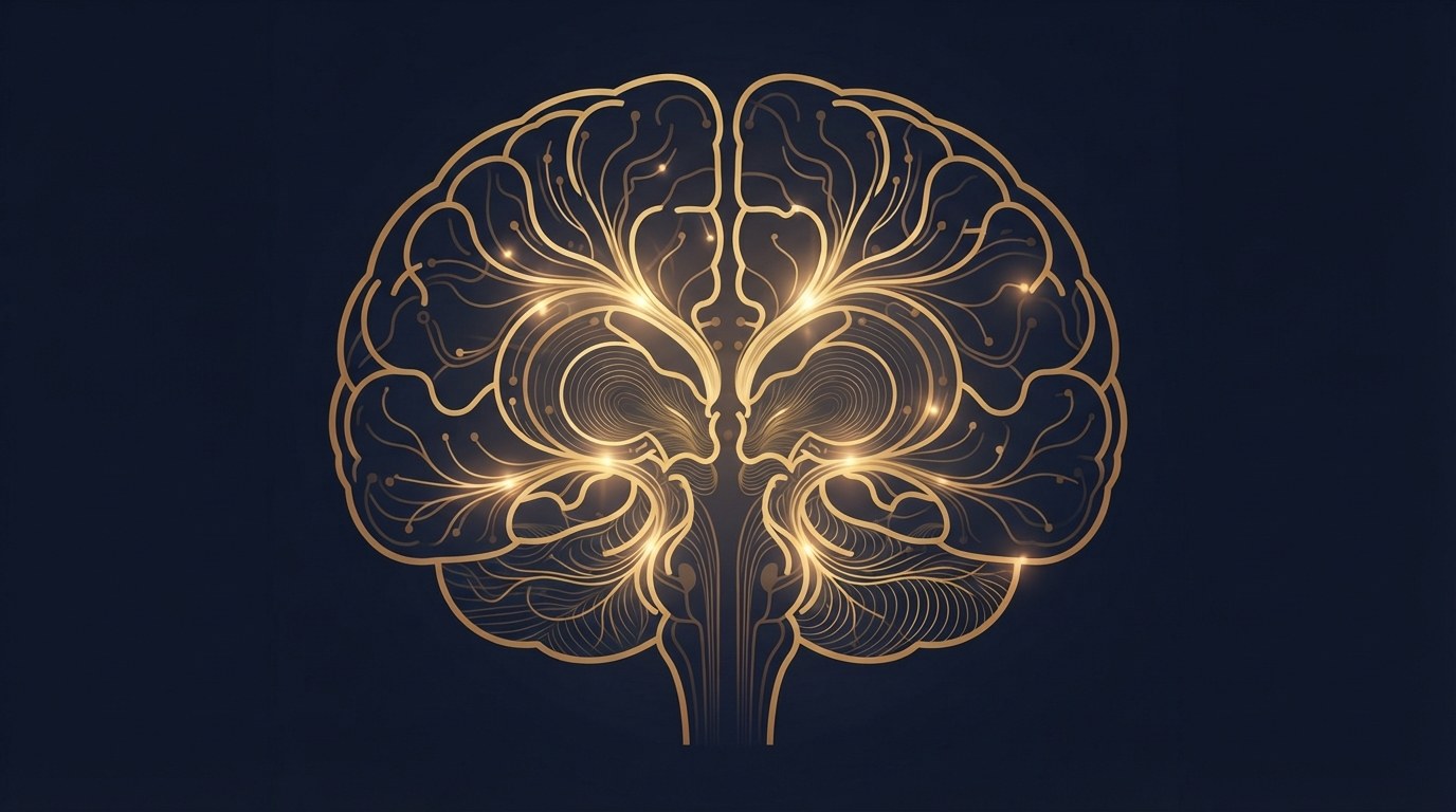 Symmetric illustration of a brain with glowing neural network patterns