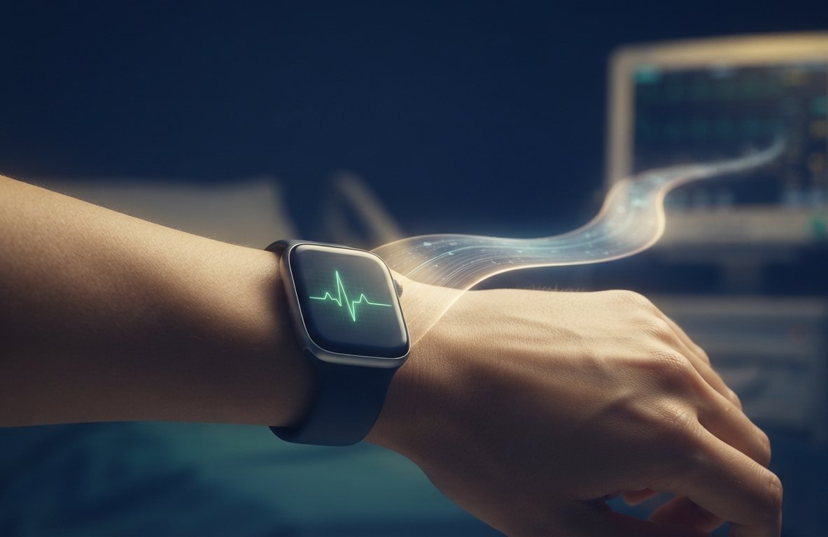 A smartwatch on the wrist streaming a live ECG, the earliest cardiac signs caught before symptoms